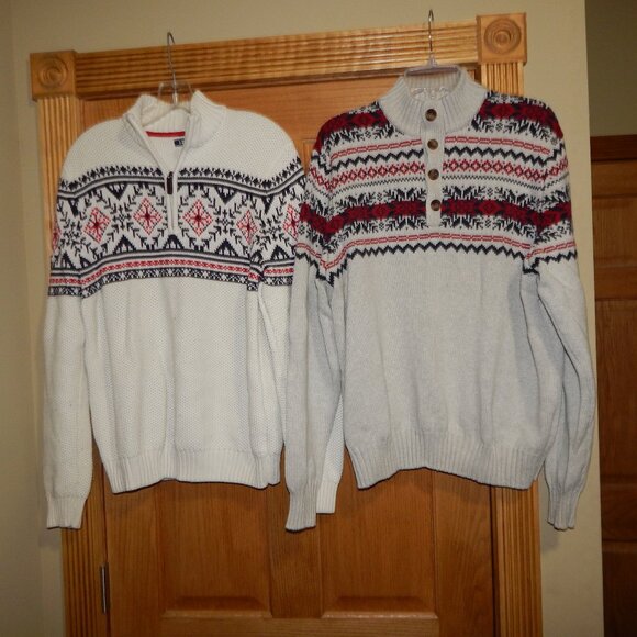LOT 2 Men's Size Large L Izod Fair Isle Ski Pullover Style Knit Sweater - Picture 1 of 4